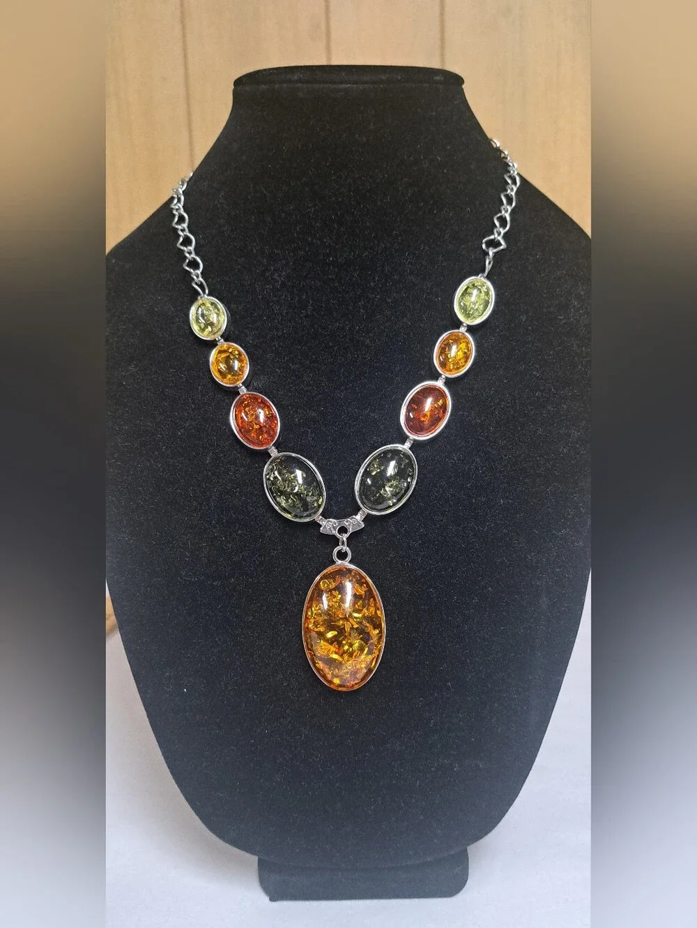Gorgeous Chunky Golden Honey Amber Dangle Silver Necklace Statement